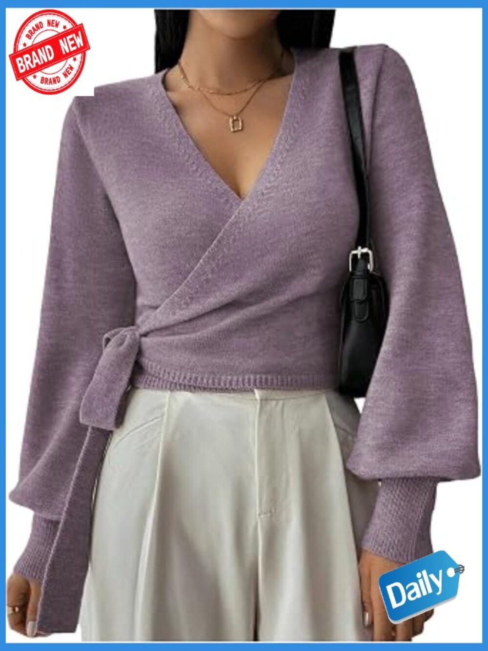 Women's V Neck Wrap Belted Knit Crop Sweater Long Sleeve Office